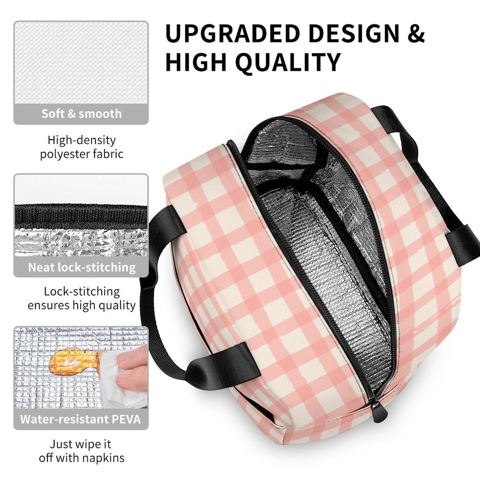 Everyday Kamo Pink Gingham Insulated Lunch Bag - Leak-Proof Cooler Tote for School, Office & Picnic