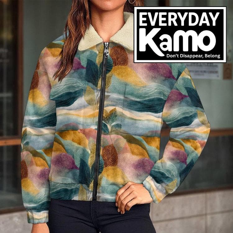 Artistic Abstract Fleece Jacket | Colorful Sherpa Collar Bomber | Unique Botanical Print Women's Coat