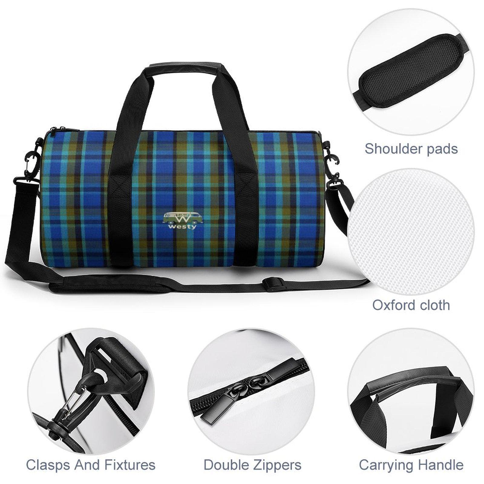 Westy Westfalia Blue Plaid Cylindrical Gym Travel Bag Oxford