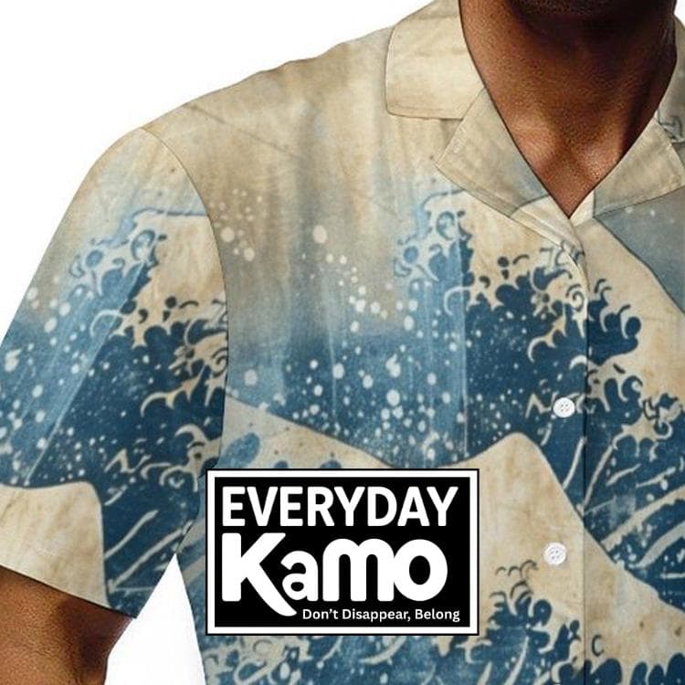 Japanese Great Wave Cuban Collar Shirt - Men's Cotton Short Sleeve Hokusai Art Print Button Up - Hawaiian Style Summer Beach Top