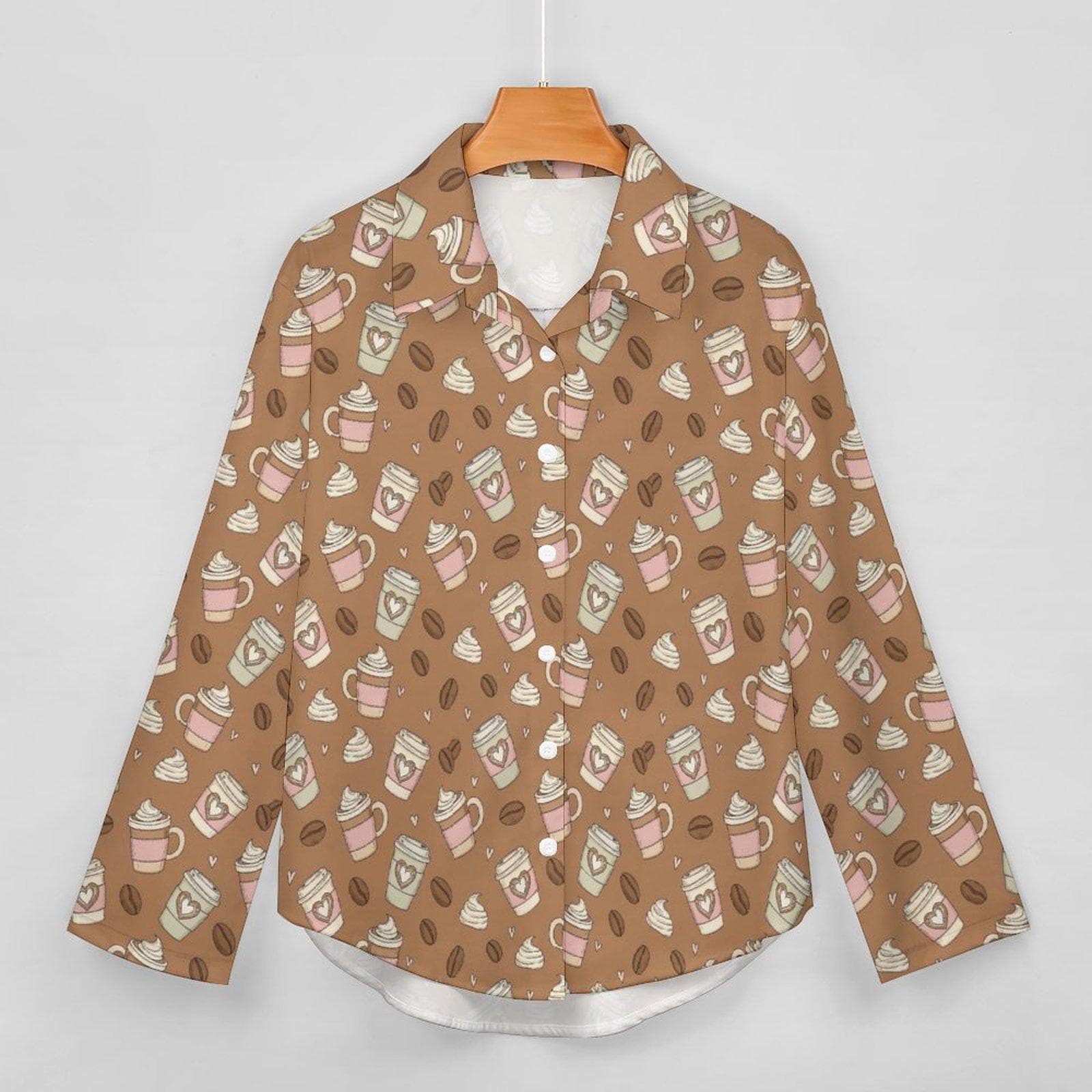 Coffee Lover Asymmetrical Hem Shirt | Women's Unique Coffee Bean & Latte Print Blouse | Casual Button-Up Top