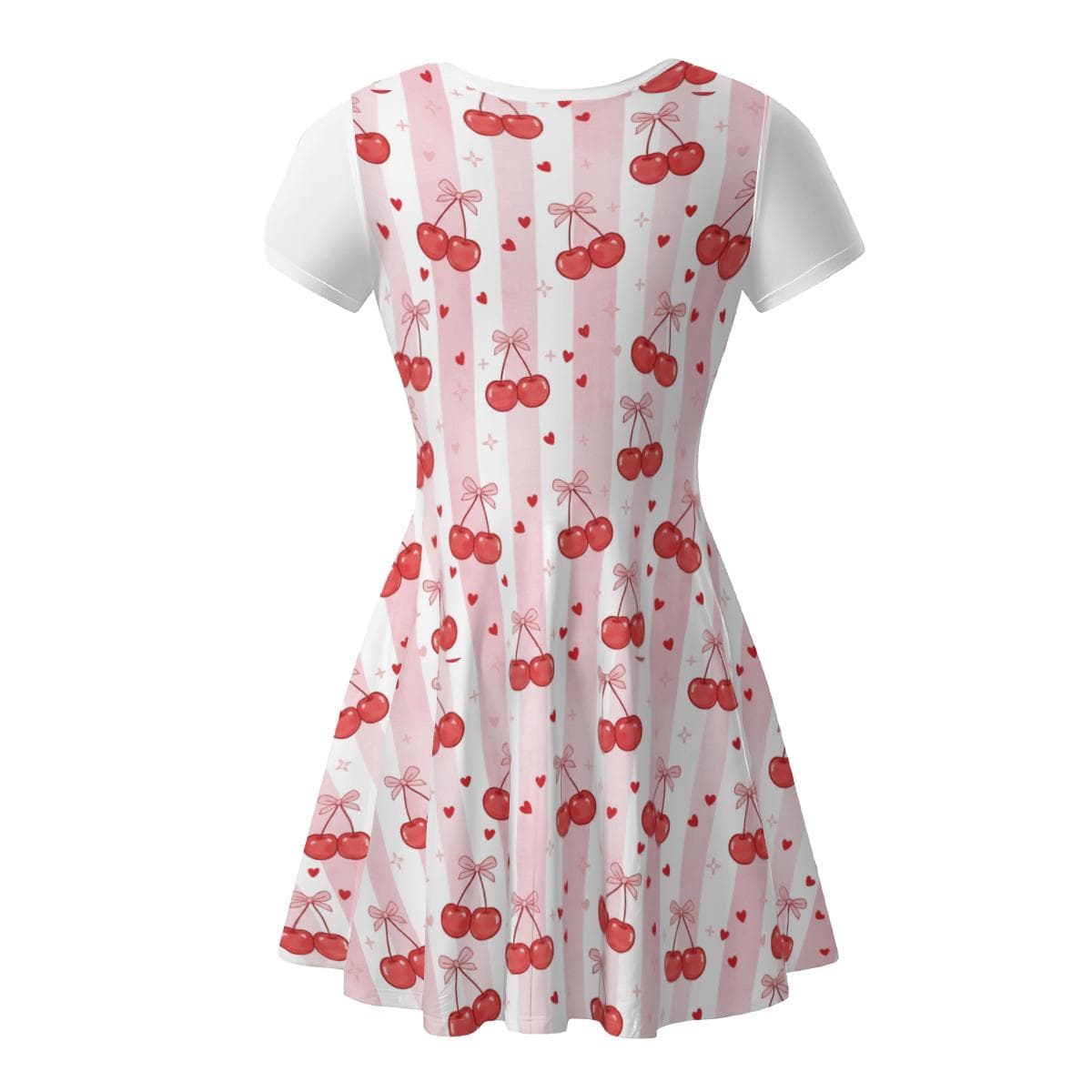 Sweet Cherry & Pink Stripe Summer Dress | Flowy Milk Silk Short Sleeve Women's Mini Dress | Cute Casual Everyday Sundress