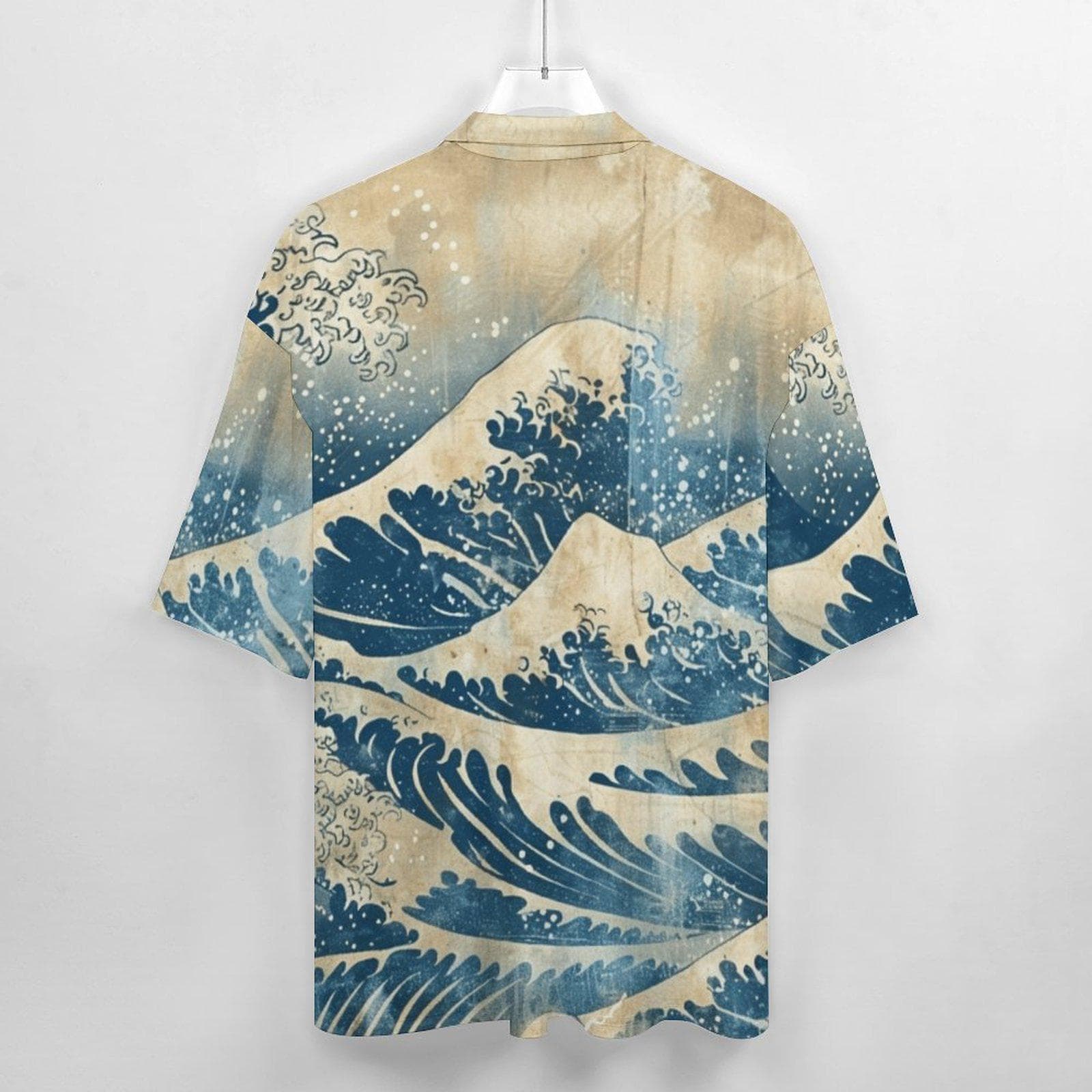 Japanese Great Wave Cuban Collar Shirt - Men's Cotton Short Sleeve Hokusai Art Print Button Up - Hawaiian Style Summer Beach Top