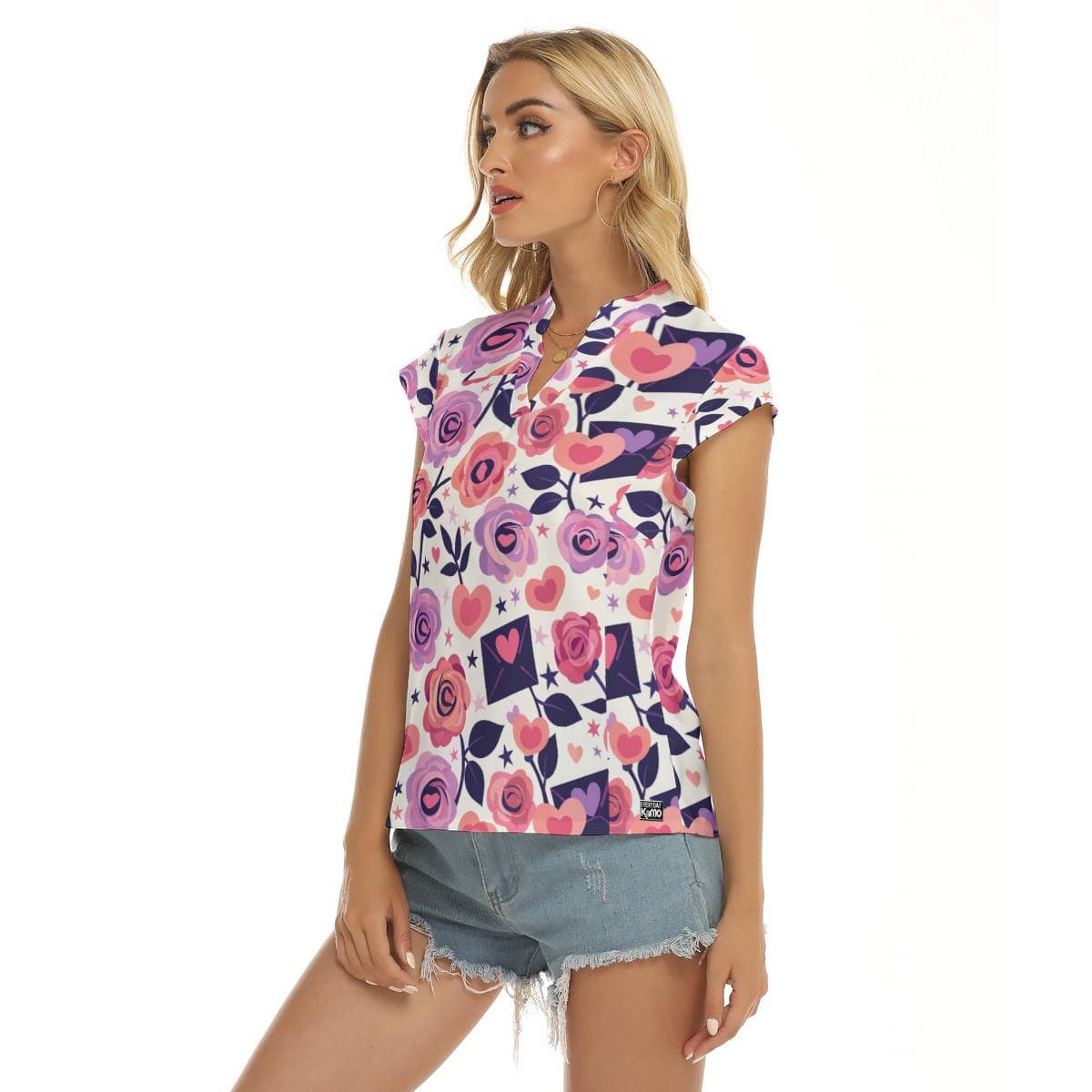Romantic Floral Stacked V-Neck Top | Pink Rose & Heart Print Blouse | Everyday Charming Women's Tee