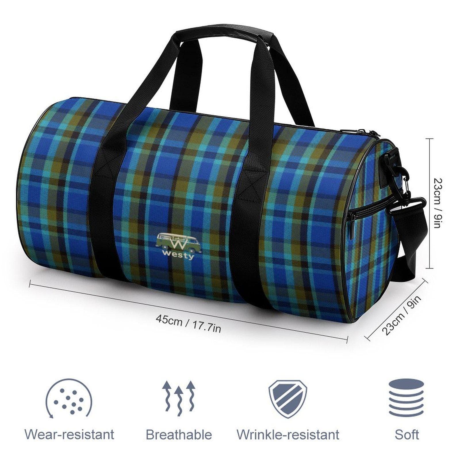 Westy Westfalia Blue Plaid Cylindrical Gym Travel Bag Oxford