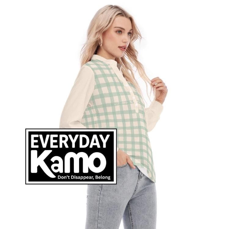 Mint Green Gingham Blouse, Long Sleeve Henley Shirt