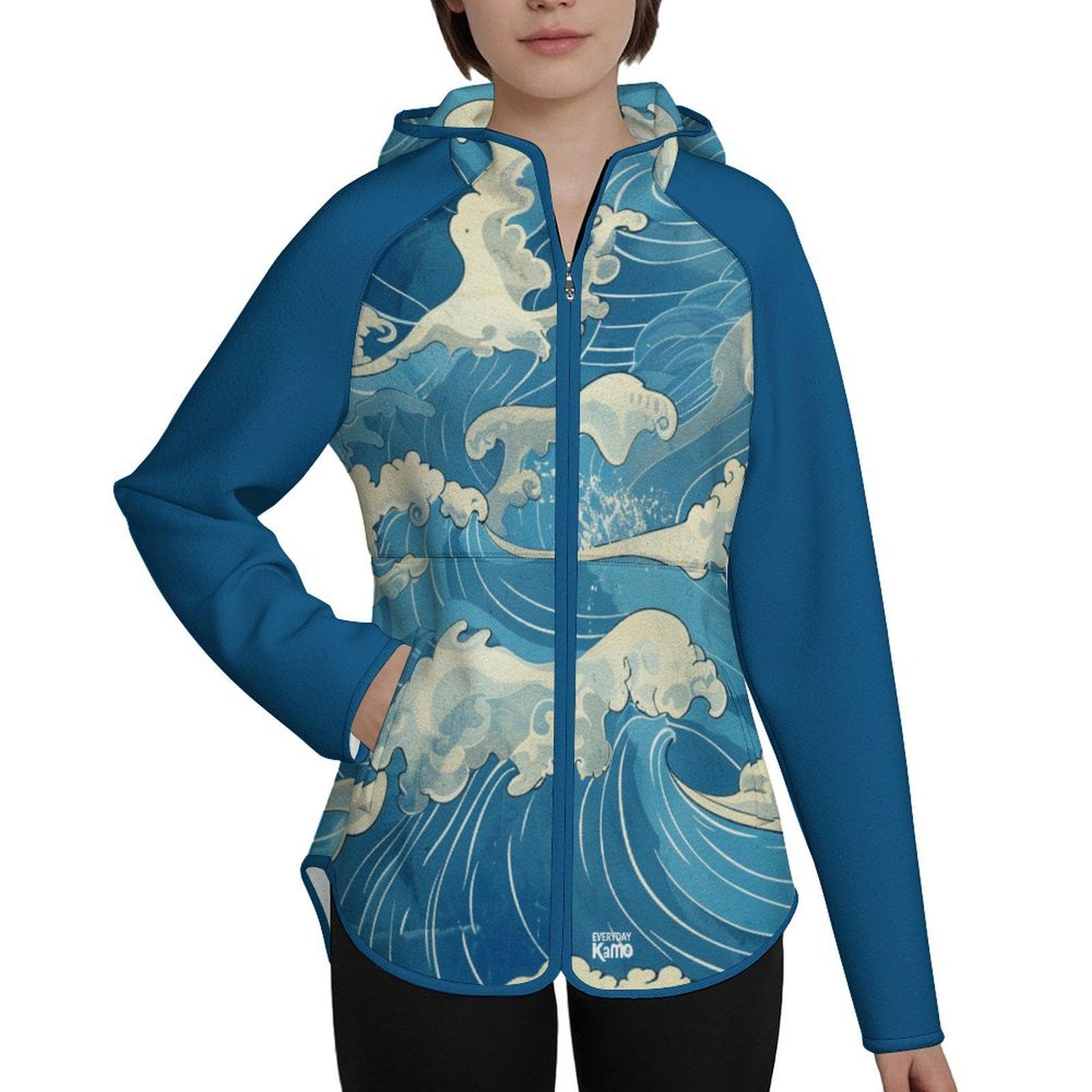 Everyday Kamo Great Wave Full-Zip Fleece Hoodie | Japanese Art Ocean Print Slim-Fit Jacket | Cozy Warm Zip Up Outerwear