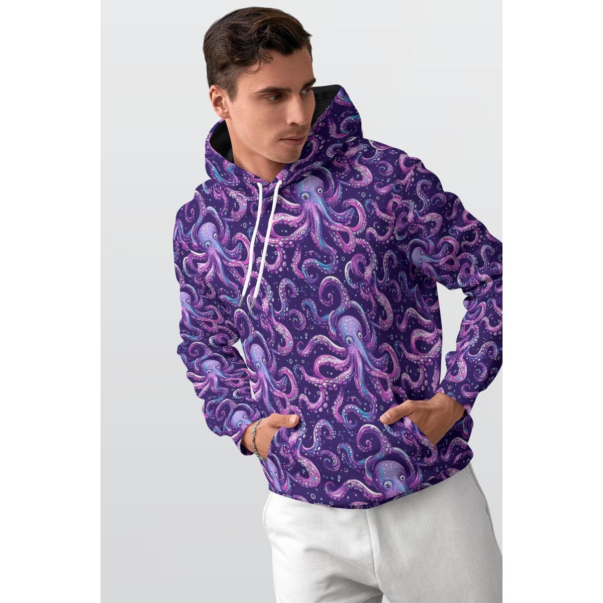 Vibrant Purple Octopus Hoodie | Cozy Fleece All-Over Print Pullover | Unique Ocean Animal Lover Gift