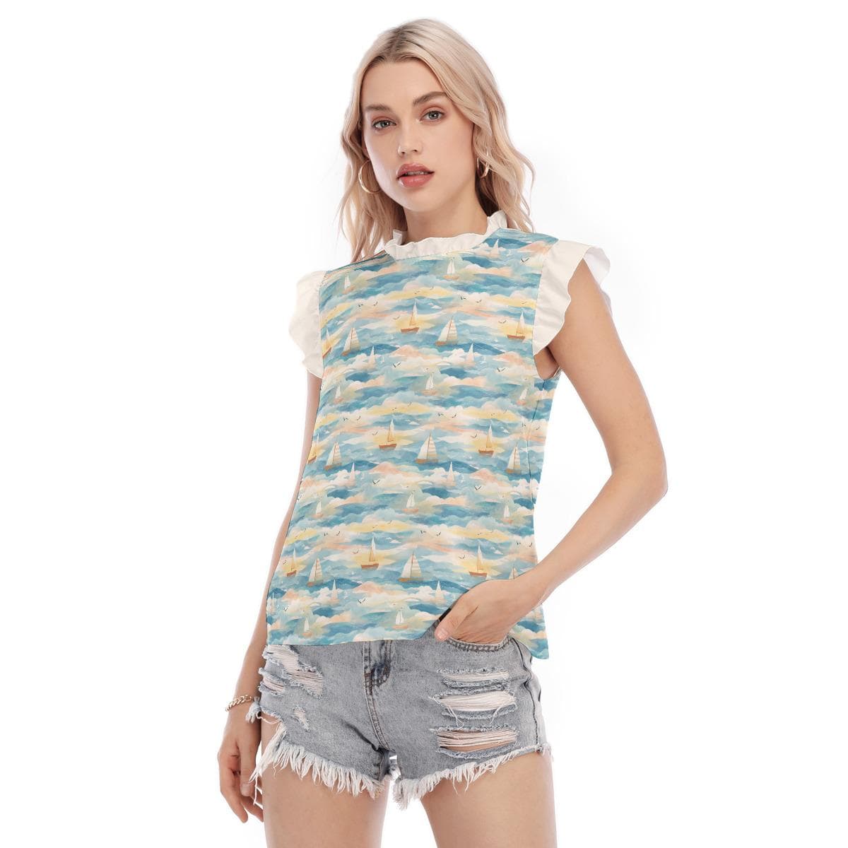 Elegant Sailboat Ruffle Blouse | Nautical Print Summer Top | Charming Ruffle Collar & Sleeve Shirt