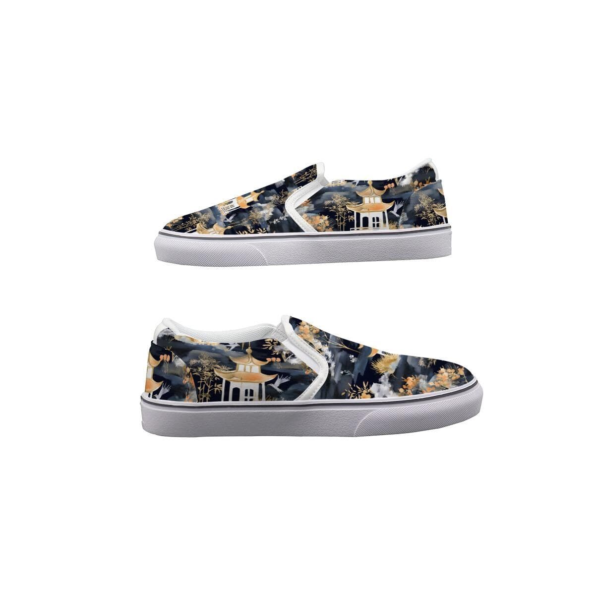 Men's Chinoiserie Pagoda Canvas Slip-On Sneakers | Custom Oriental Art Print Shoes | Comfortable Daily Wear | Unique Designer Gift
