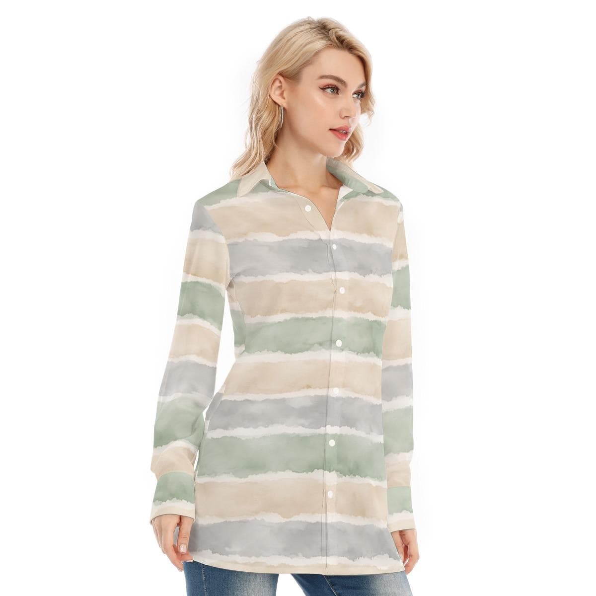 Watercolor Stripe Button Down Tunic | Cotton Spandex Stretch Blouse