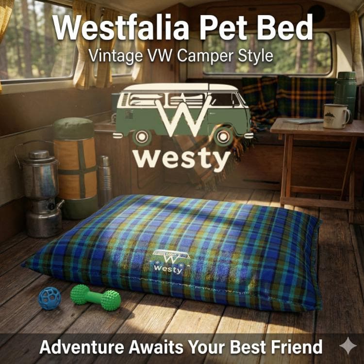 Blue Plaid VW Westfalia Inspired Dog Bed, Retro Pet Cushion