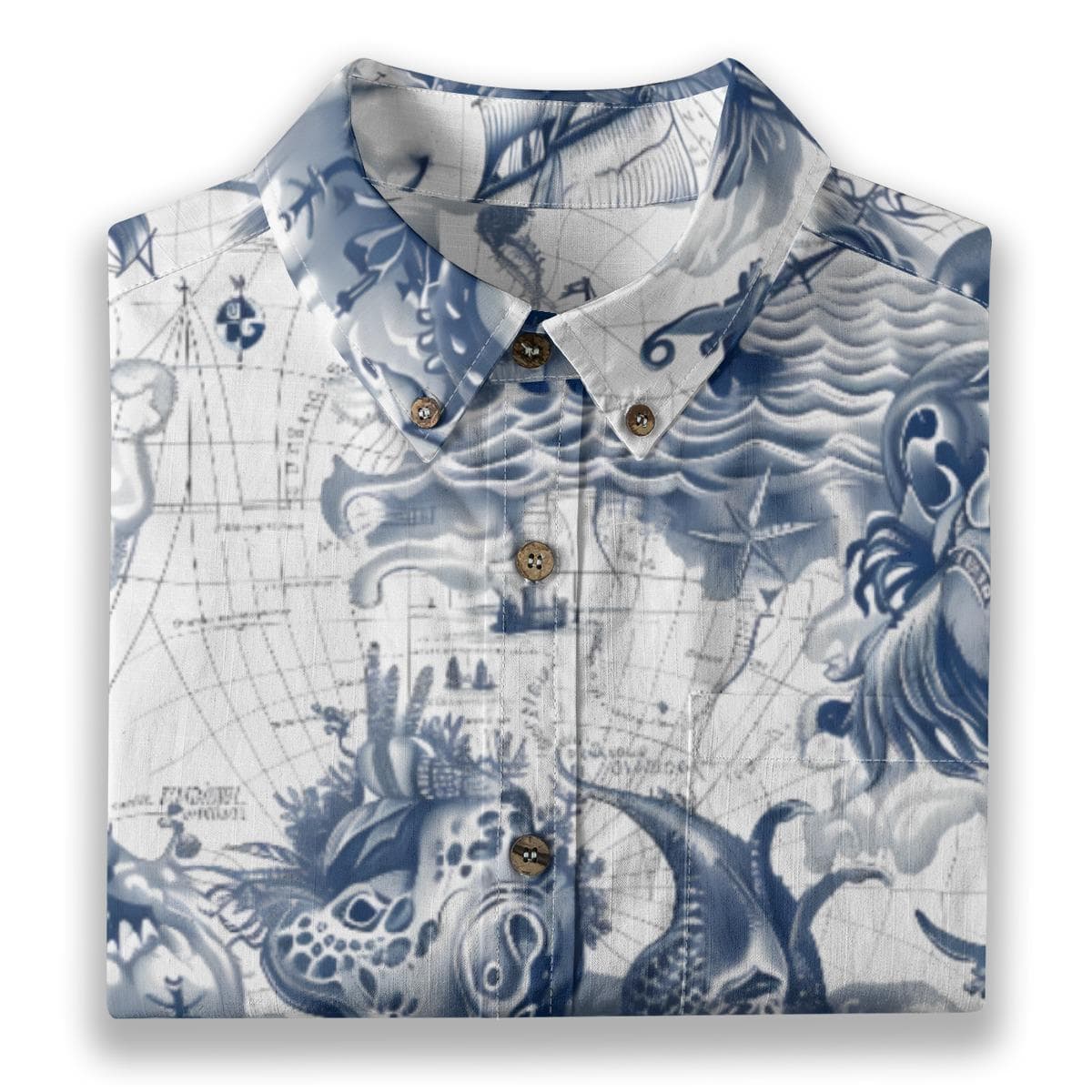 Kraken & Sea Monster Map Hawaiian Shirt | Vintage Nautical Pirate Cotton Button-Up for Men