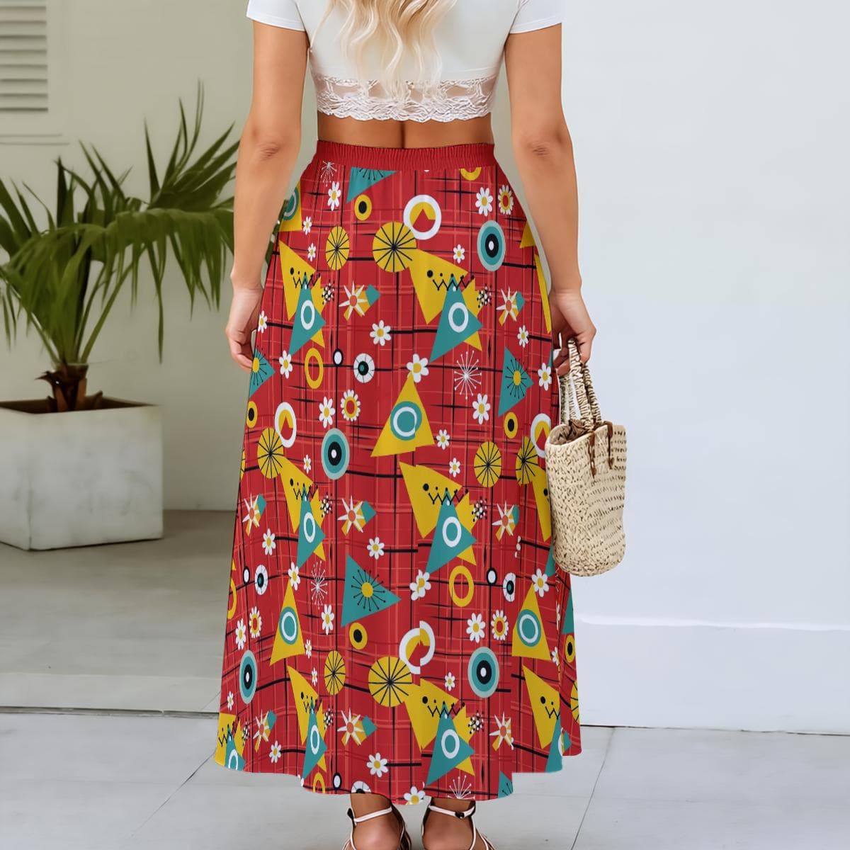 Red Geometric Maxi Skirt with Pockets | Retro Boho Elastic Waist