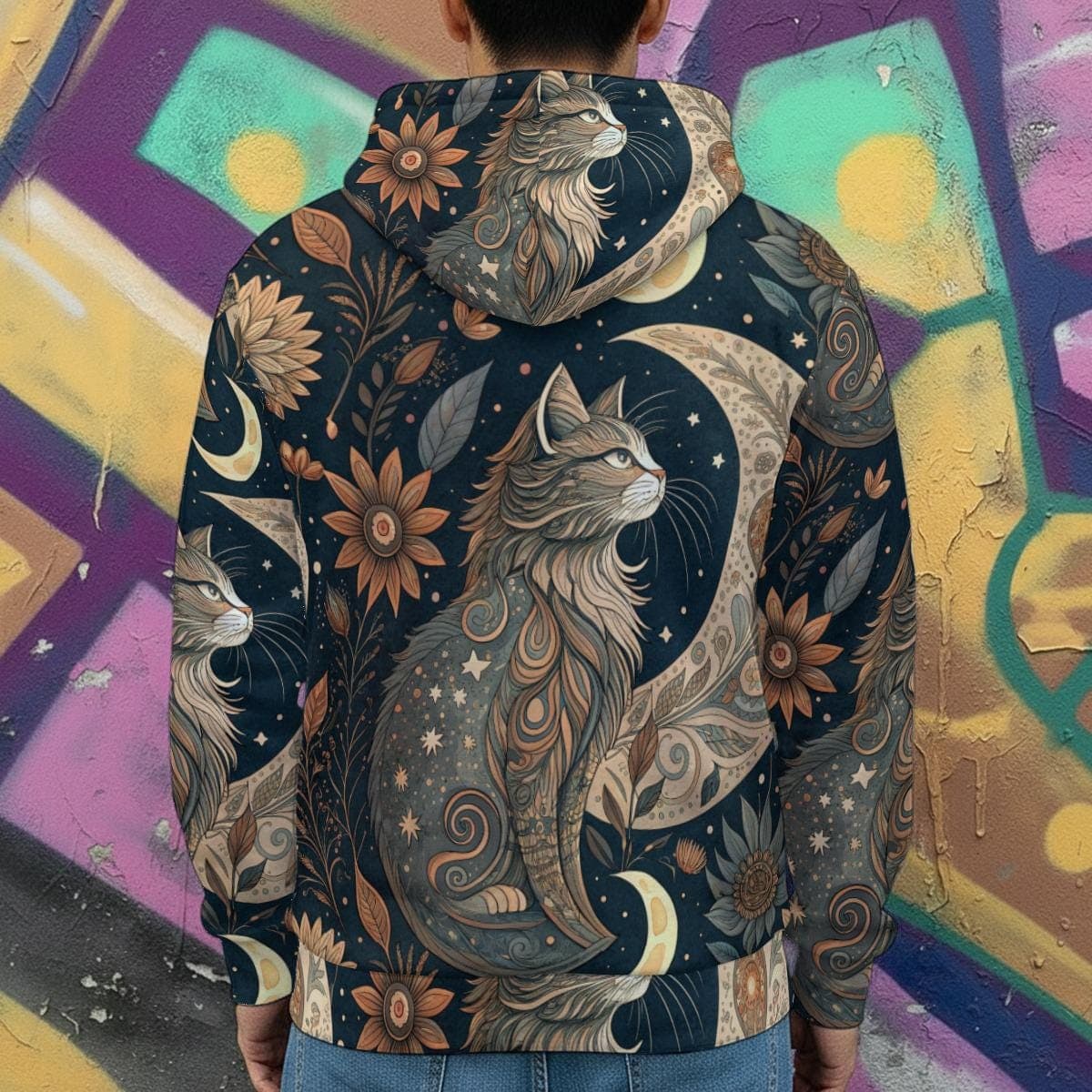 Mystical Cat on Moon Full-Zip Hoodie | Celestial Starry Night Art Cozy Fleece Jacket | Whimsical Animal Lover Gift