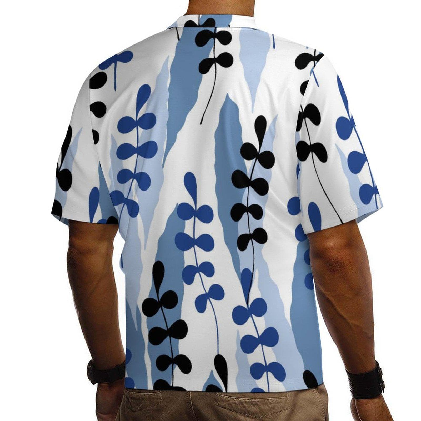 Men's Abstract Leaf Print Cuban Collar Shirt | Premium Cotton Short Sleeve Button Up | Blue & Black Summer Style