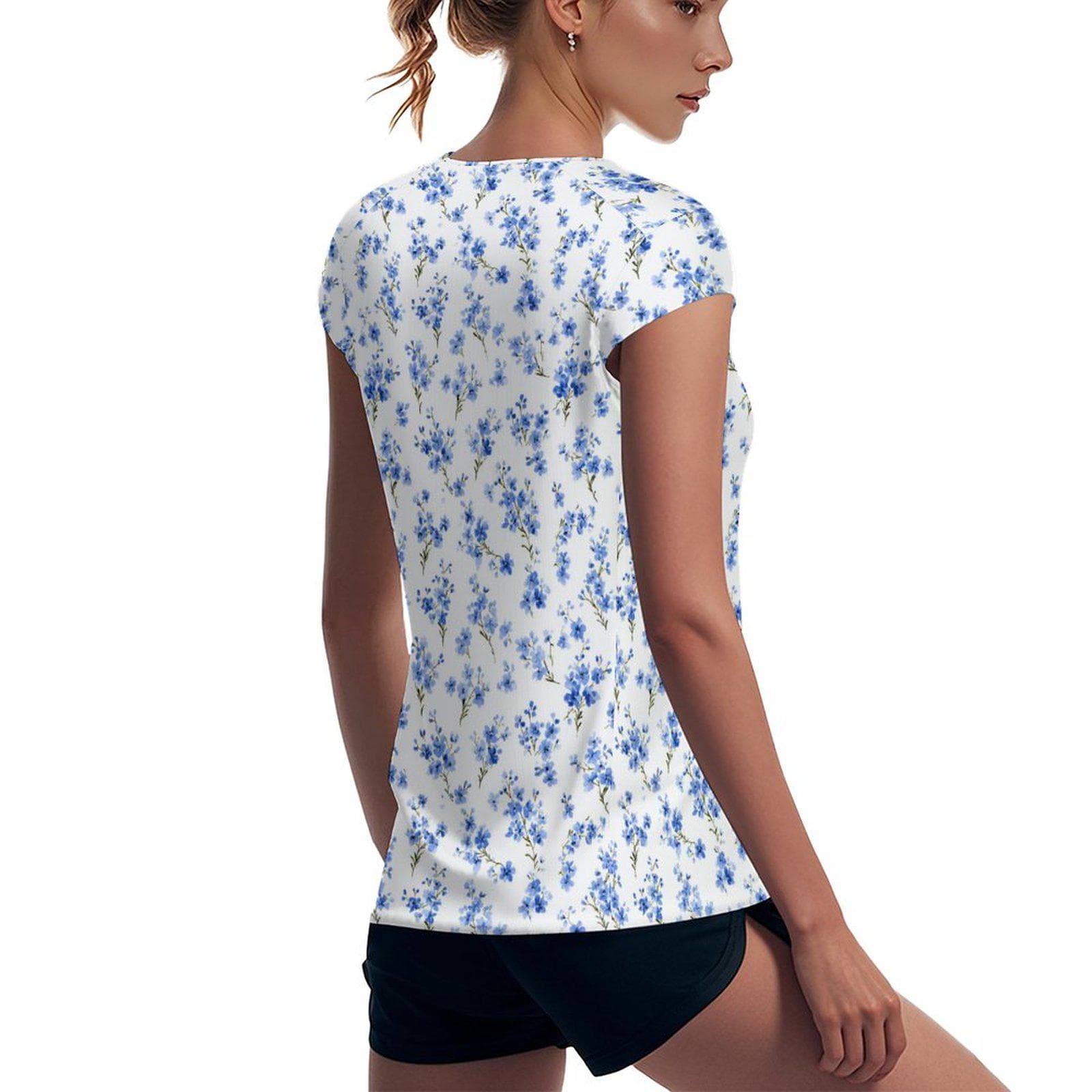 Blue Floral Ice Silk T-Shirt | Women's UPF 50+ Sun Protection Tee | Breathable Summer Blossom Top