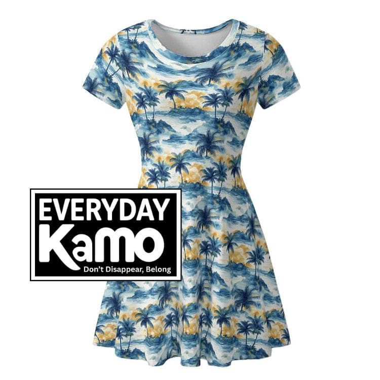 Tropical Palm Tree Summer Dress | Women's Hawaiian Flowy Mini Dress | Short Sleeve Vacation Beach Dress | Milk Silk Sun Dress