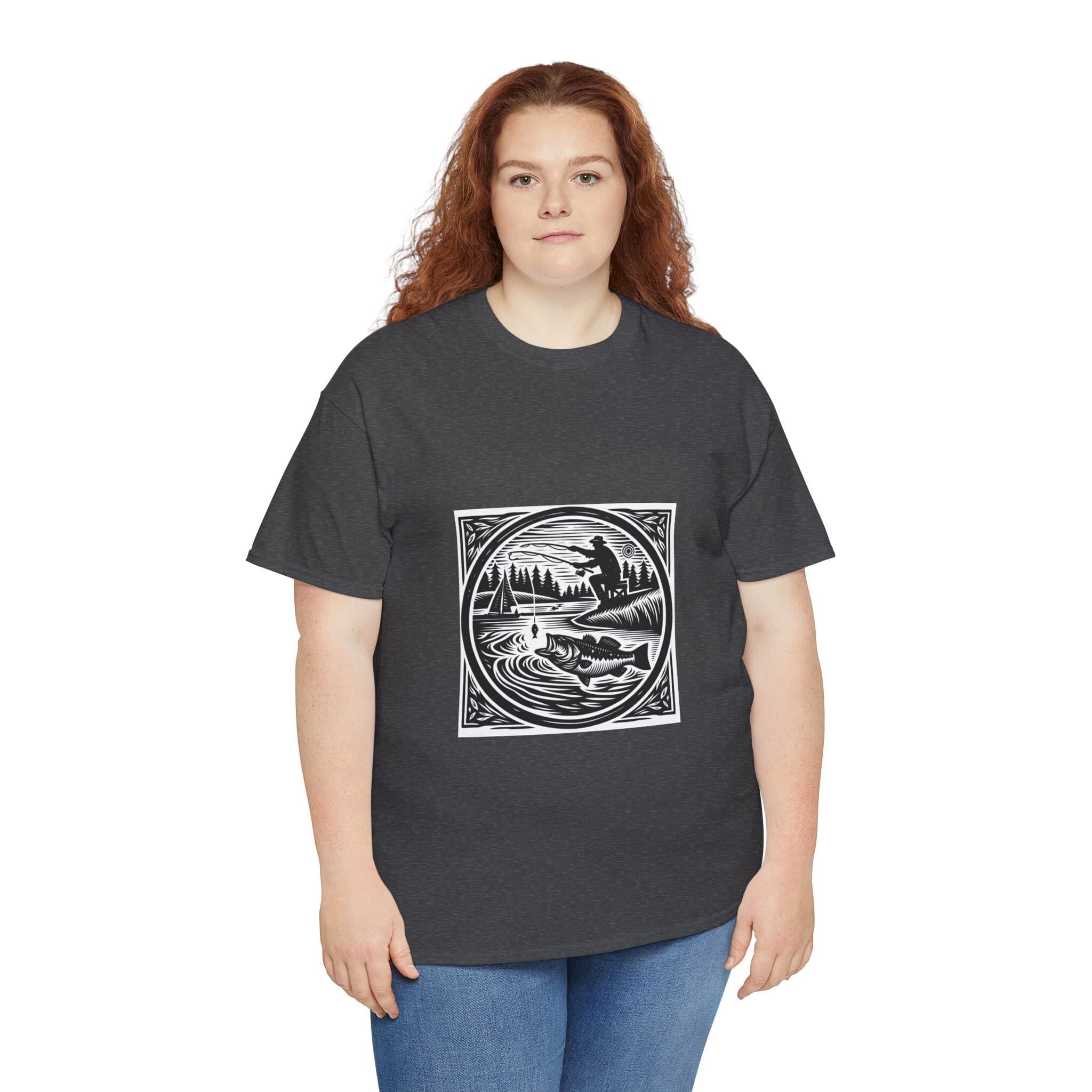 Fishing Woodcut Print T-Shirt | Bass Angler Tee | Vintage Black & White