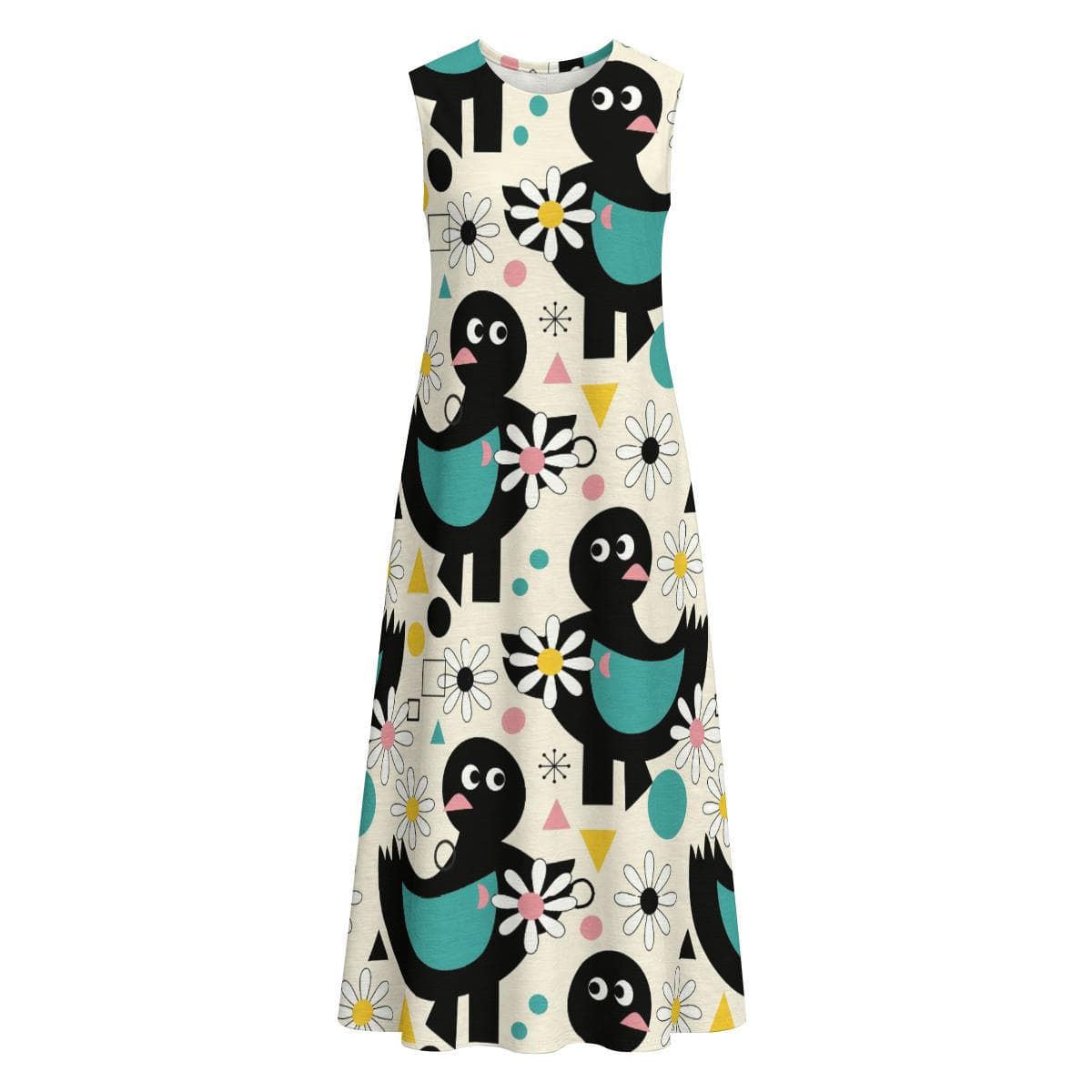 Playful Bird & Daisy Cotton Slub Midi Dress | Sleeveless A-Line Summer Dress | Comfy Casual Resort Wear