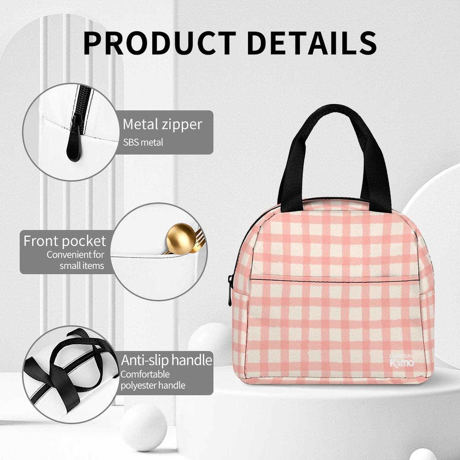 Everyday Kamo Pink Gingham Insulated Lunch Bag - Leak-Proof Cooler Tote for School, Office & Picnic