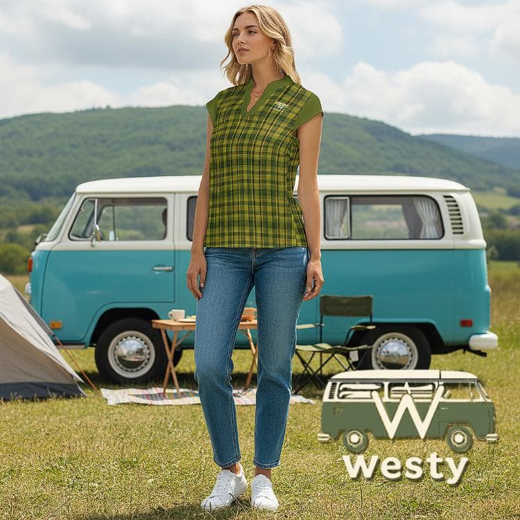 Westy Plaid V-Neck Top - Westfalia Camper Bus Road Trip Shirt