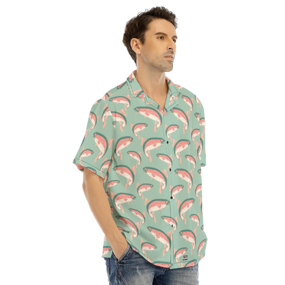 Men's Salmon Trout Hawaiian Shirt | Mint Green Fishing Aloha Shirt | Summer Short Sleeve Button Down | Angler Gift