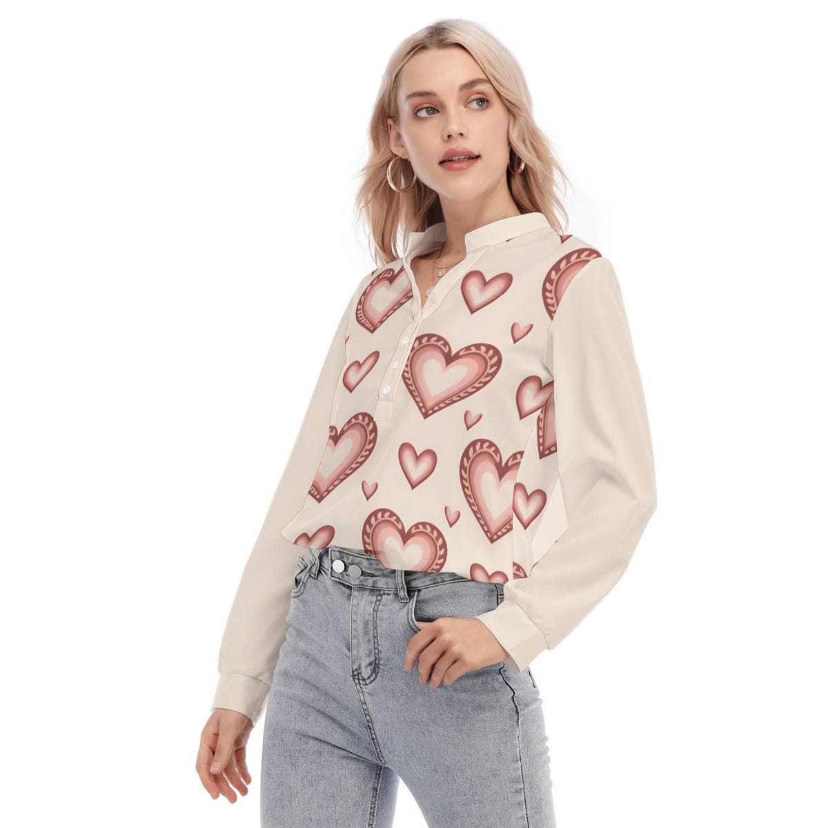 Charming Heart Print Long Sleeve Blouse | Versatile Button-Up Top | Everyday Kamo