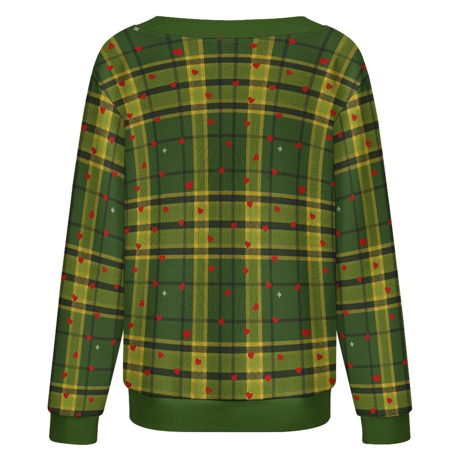 Cozy Plaid Button-Up Cardigan with Heart Accents - Warm & Stylish Knit Sweater