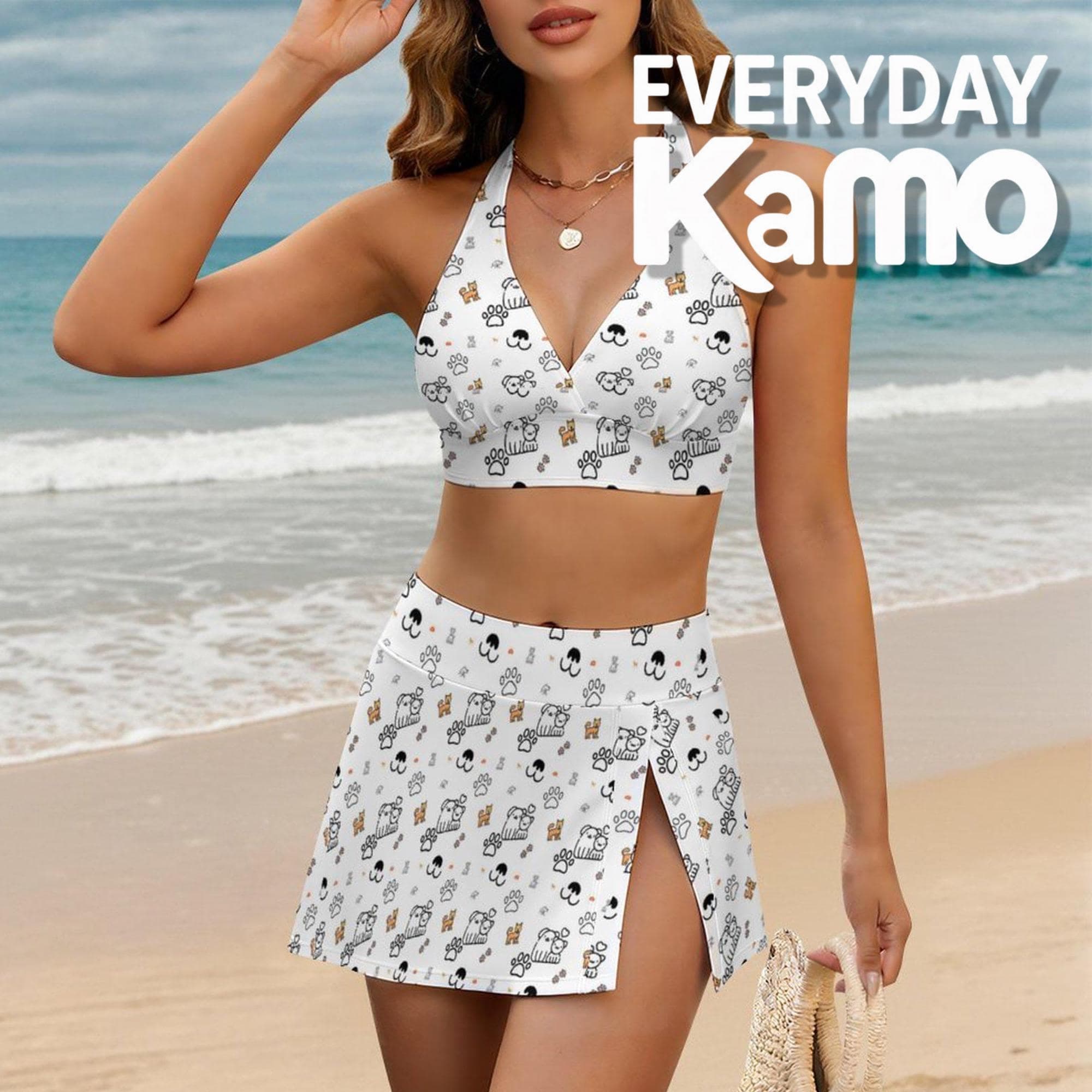 Lace-Up Split Skirt Swimsuit Set | All-Over Print Bikini Top | High-Slit Design