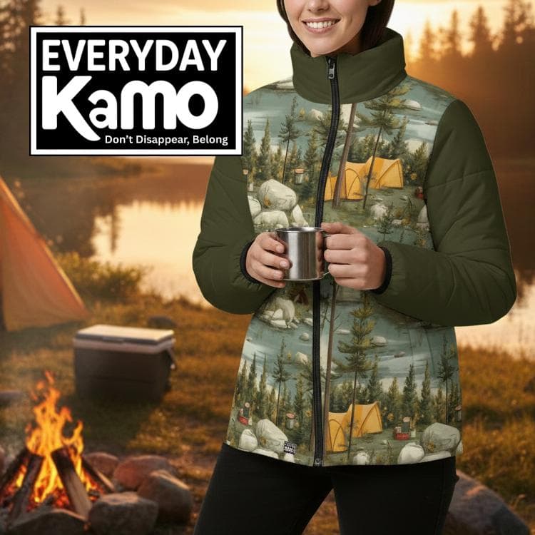 Wanderlust Camping Puffer Jacket | Women's Cozy Forest Print Quilted Coat | Nature Adventure Lightweight Outerwear