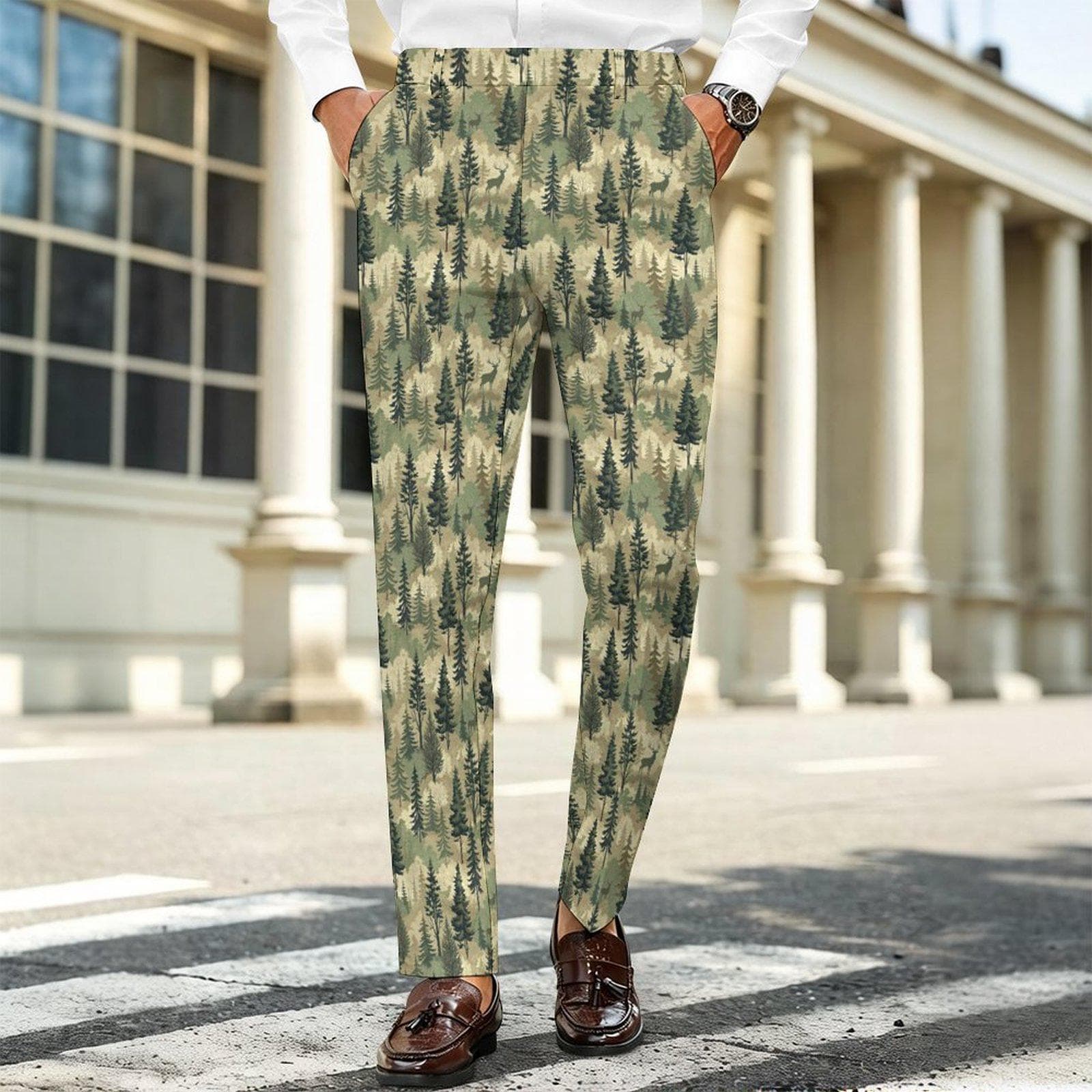 Men's Forest Camo Deer Print Pants | British Knit Fabric Casual Suit Trousers