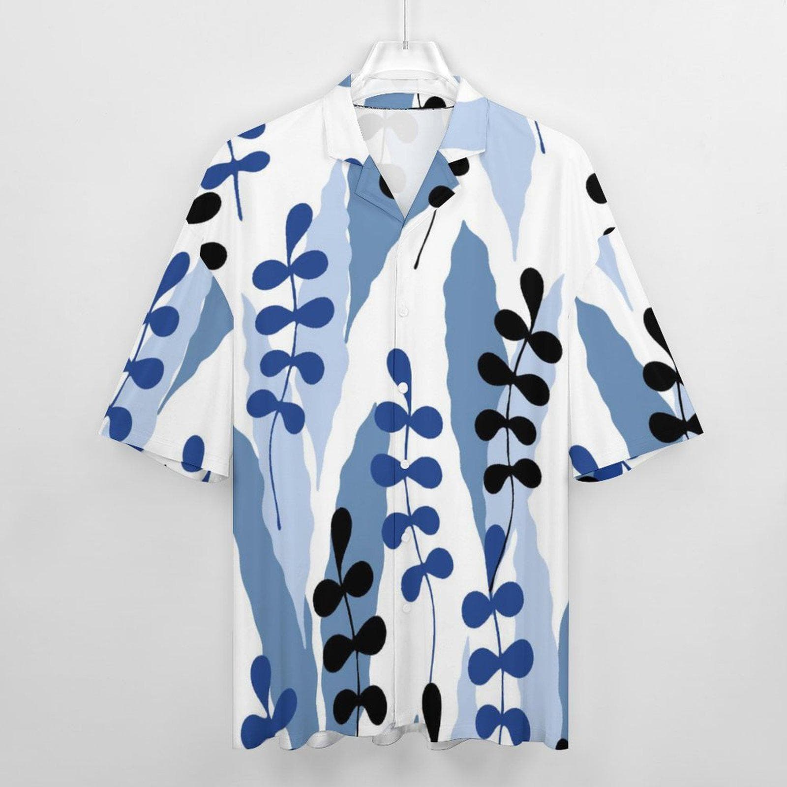 Men's Abstract Leaf Print Cuban Collar Shirt | Premium Cotton Short Sleeve Button Up | Blue & Black Summer Style