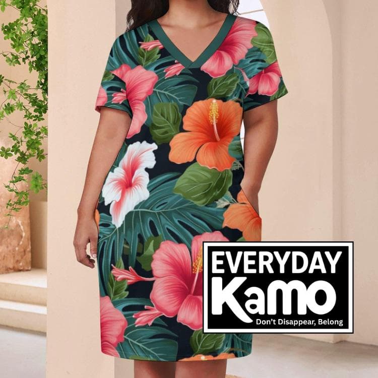 Vibrant Tropical Hibiscus Pocket Dress | Women's Floral Print V-Neck Summer Shift Mini