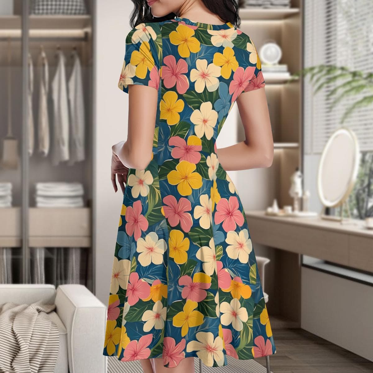 Tropical Bloom Flowy Mini Dress | Women's Short Sleeve Floral Summer Dress | Hawaiian Vacation Beach Cover-Up | Casual Everyday Sundress