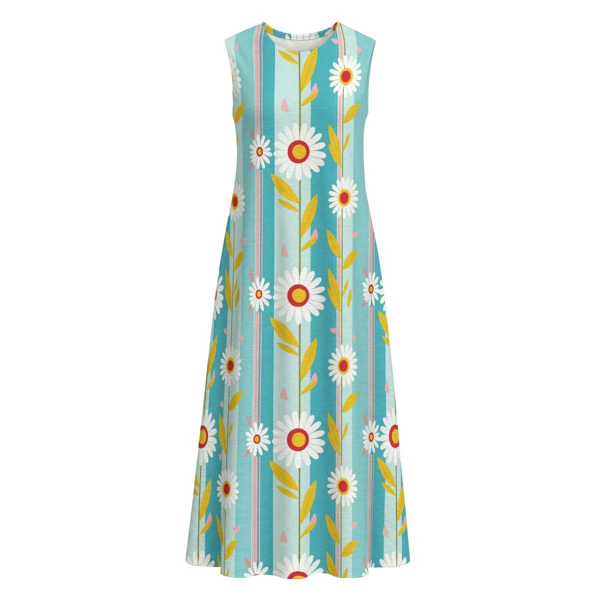 Daisy Stripe Sleeveless Midi Dress, Women's Cotton Slub A-Line Summer Dress, Floral Beach Vacation Outfit, Lightweight Flowy Casual