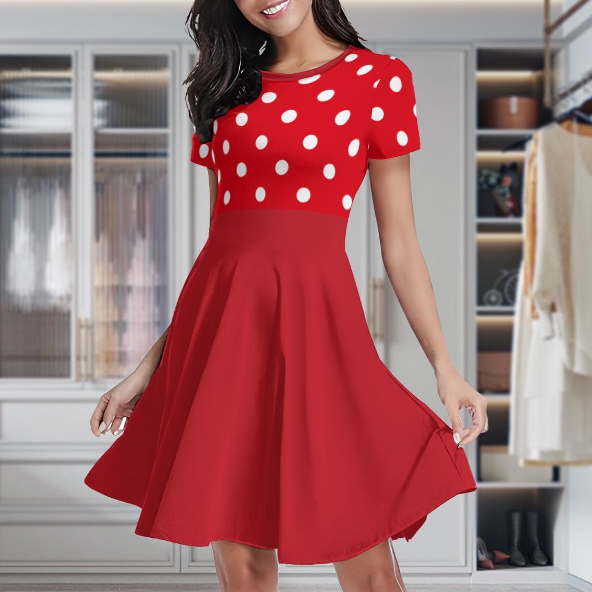 Vibrant Red Polka Dot Skater Dress | Women's Short Sleeve Milk Silk Summer Flowy Mini Dress | Casual & Chic